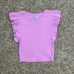 Zara Pink Ruffle Sleeve Ribbed Top Size Small!